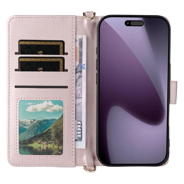 iPhone 17 Pro Max Skal Läderfodral med Multifunktionella 6-Kortsplatser och Handledsrem Rosa