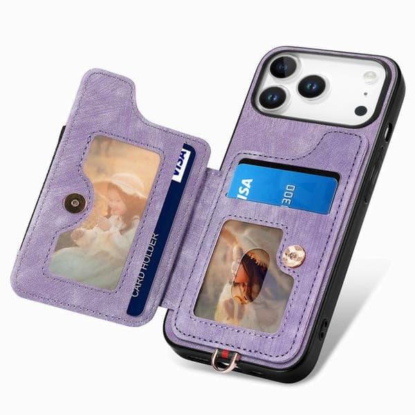 iPhone 17 Pro Max Retro Skinnkänsla Ring Multi-kort Skal Purpur