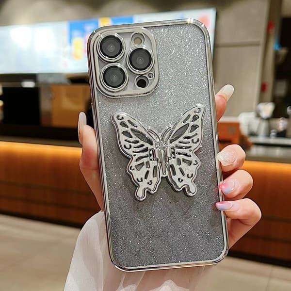 iPhone 16 Pro Skal med Elektropläterad Gradient Glittrande 3D Fjäril TPU Gradient Silver