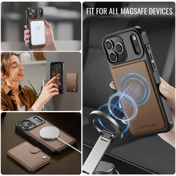 iPhone 18 Pro Max / iPhone 17 Pro Max Skal läderfodral JEEHOOD Buckle Card Bag MagSafe Magnetisk Stil RFID Brun