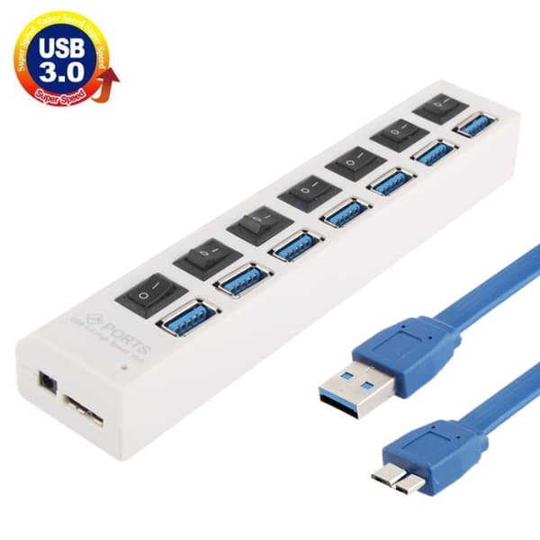 USB 3.0 Hub med 7 portar, Super Speed 5Gbps, Plug and Play, Stöd för 1TB (Vit)