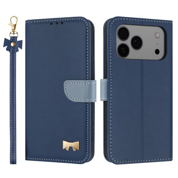 iPhone 18 Pro / iPhone 17 Pro Skal läderfodral med metallbåge och handrem Mörkblå