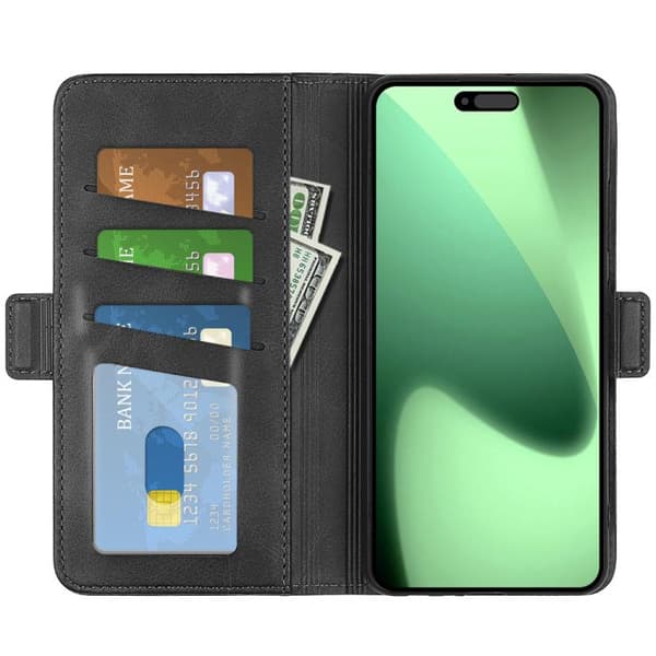 iPhone 18 Pro Max / iPhone 17 Pro Max Skal Läderfodral med Dubbel Magnetspänne och Horisontell Flip Svart