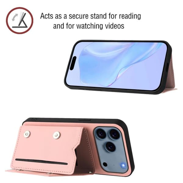 iPhone 18 Pro Max / iPhone 17 Pro Max Skal med Fyra Kortfack och Handledsrem Rosa