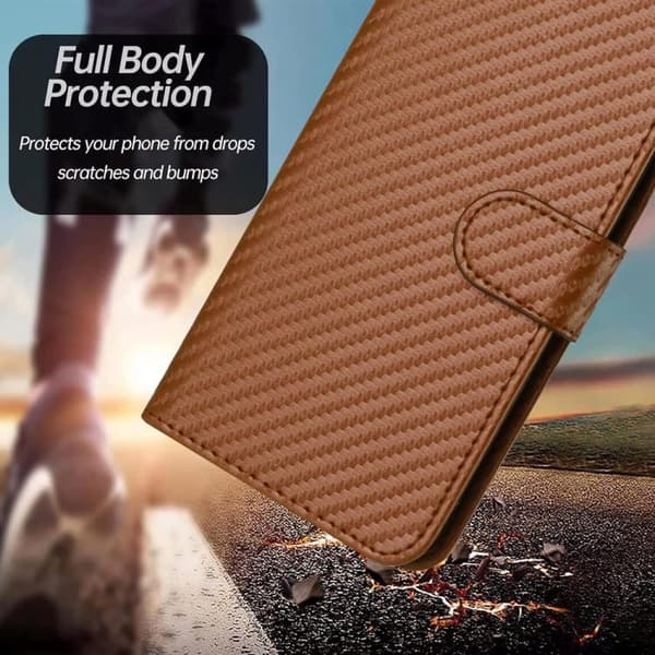 iPhone 18 Pro Max / iPhone 17 Pro Max Skal läderfodral - kolfiber med lanyard Kaffe