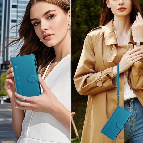 iPhone 18 Pro Max / iPhone 17 Pro Max Skal - Läder med Magnetstängning, 9 Kortfack och Handrem Turkos