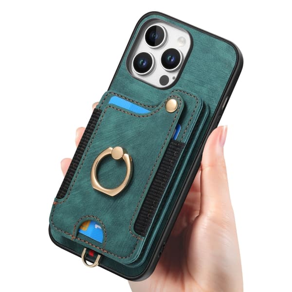 iPhone 16 Pro Max Retro Skinnkänsla Ring Multi-kort Plånboks Skal Grön