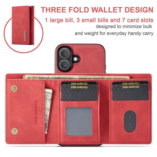 iPhone 17 Skal läderfodral DG.MING M1 Series 3-Fold Multi Card Wallet Röd