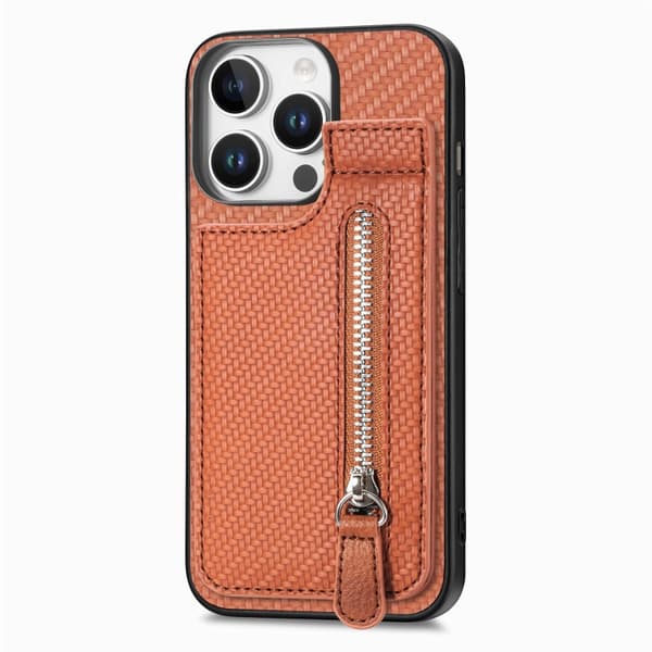 iPhone 16 Pro Kolfiber Vertikal Flip Zipper Skal Brun