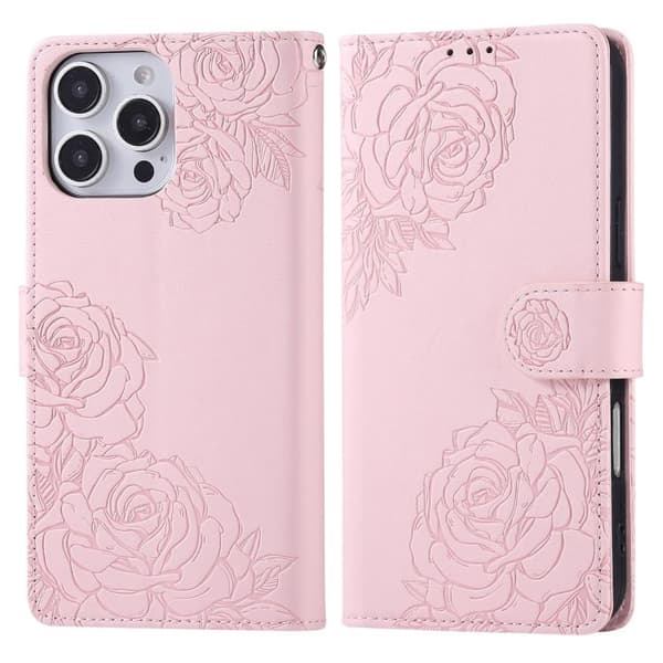 iPhone 16 Pro Skal Läder med Rosblommor och 3 Kortfack Rosa