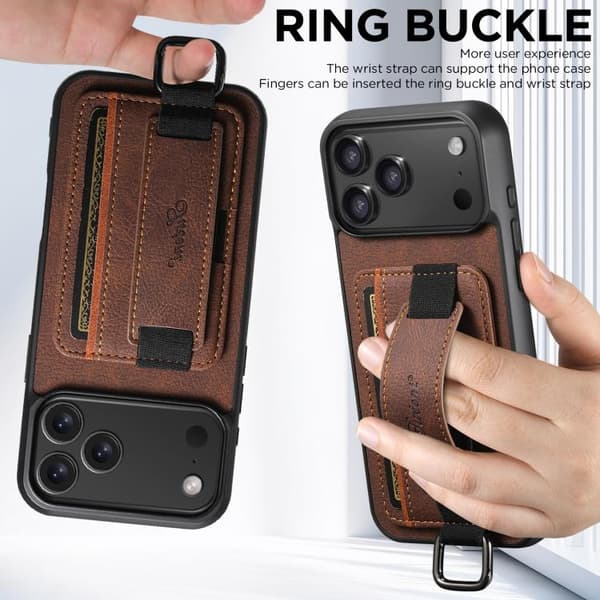 iPhone 17 Skal - Litchi-läder med handledsrem Brun