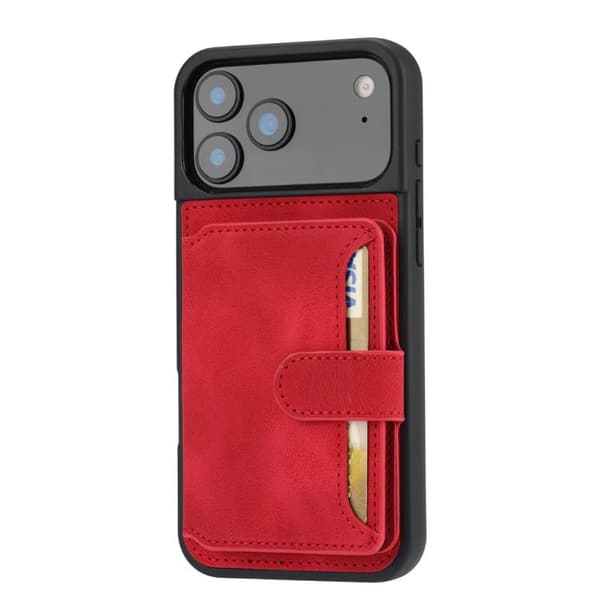iPhone 17 Pro Max Skal med RFID-skydd och PU-kortficka Röd