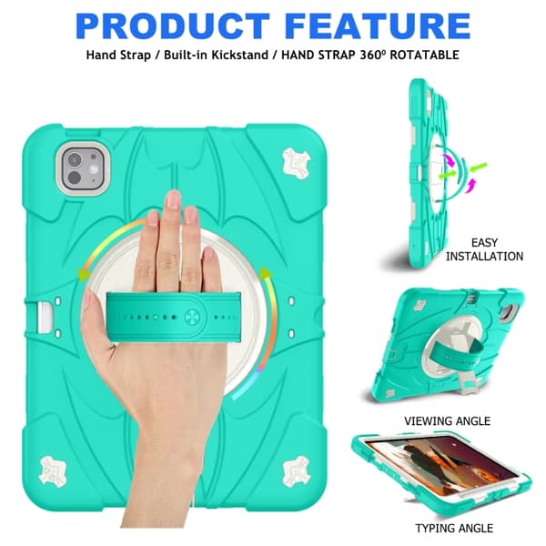 iPad Pro 11 2024 Bat Hand Grip Turntable Skal - Läderfodral Mintgrön Vit