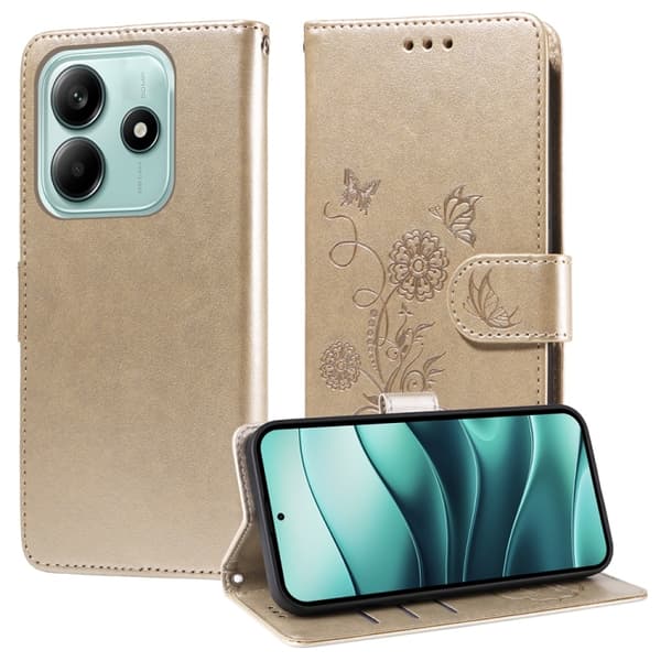 Redmi Note 14 5G - Prägling av fjärilsblommor Läderfodral Guld