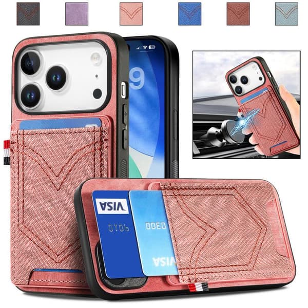 iPhone 17 Pro Max Skal - denimtextur med kortfack Rosa