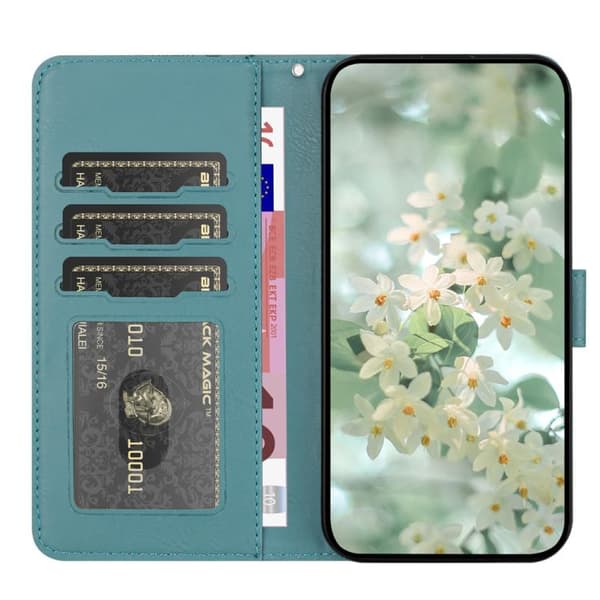 iPhone 17 Pro Skal läderfodral med blommönster - relief Mörkgrön