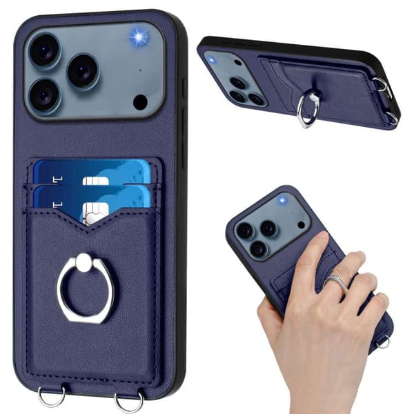 iPhone 18 Pro / iPhone 17 Pro Skal med Korsa Rep Ring och Kortfack Blå