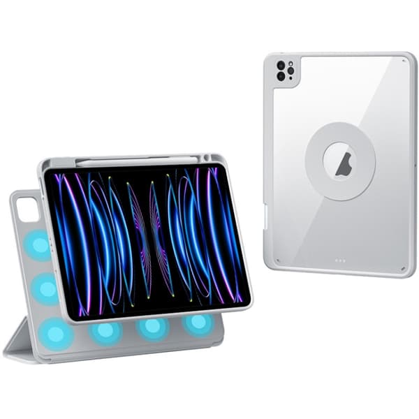 iPad Pro 12.9 (2022/2021/2020) Rotationsbart Magnetiskt Avtagbart Läderfodral med Pennfack Silvergrå