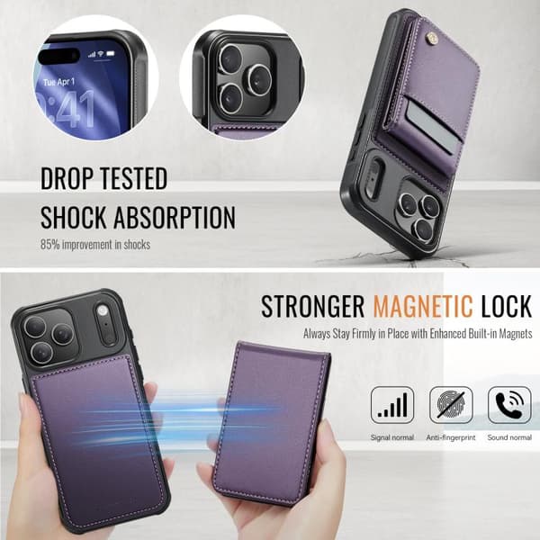 iPhone 18 Pro Max / iPhone 17 Pro Max Skal JEEHOOD Britisk Stil RFID MagSafe Kortväska PU Purpur