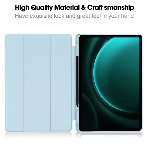 Samsung Galaxy Tab S9 FE+/S10+ Skal i TPU Smart Läder med Penna Fack - 3-Faldig Ren Färg Ljusblå