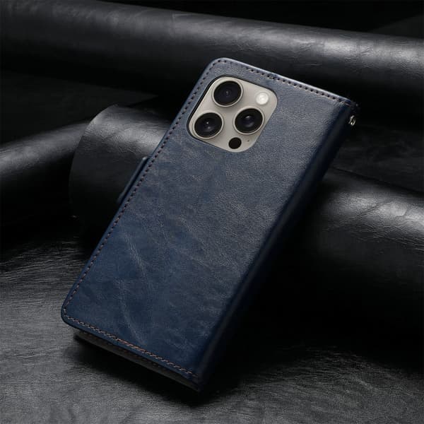 iPhone 16 Pro Skal - Neo Splicing Dubbel Magnetisk Spänne Läder Fodral Blå