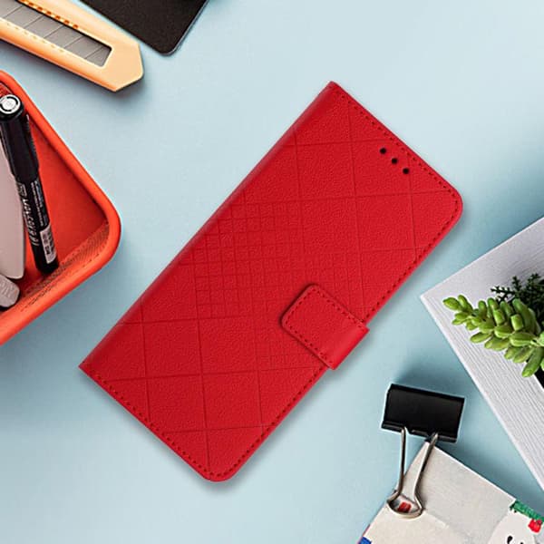 Redmi Note 14 4G - Läderfodral med Rhombisk Rutmönster, Röd