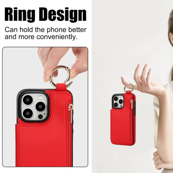 iPhone 16 Pro RFlD Antistöld Dubbelspänne Ring Dragkedja Skal Röd
