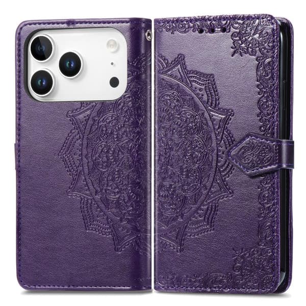 iPhone 18 Pro Max / iPhone 17 Pro Max Skal läderfodral med mandala blommor Purpur