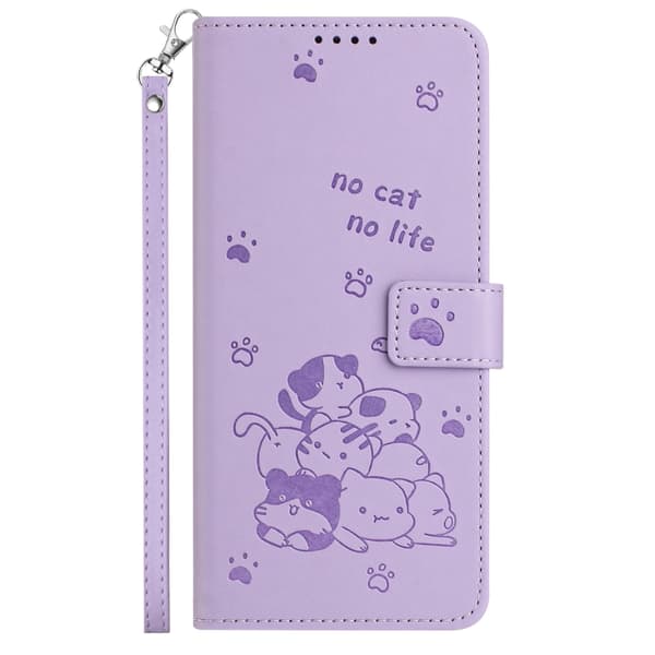 Redmi Note 14 5G - Prägad Katt Mobilskalsläder med Lanyard Purpur