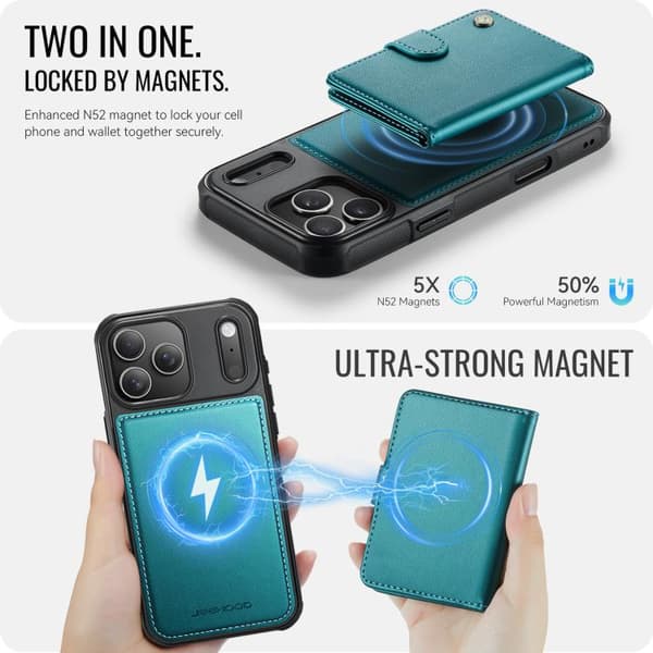iPhone 18 Pro Max / iPhone 17 Pro Max Skal läderfodral JEEHOOD Buckle Card Bag MagSafe Magnetisk Stil RFID Grön