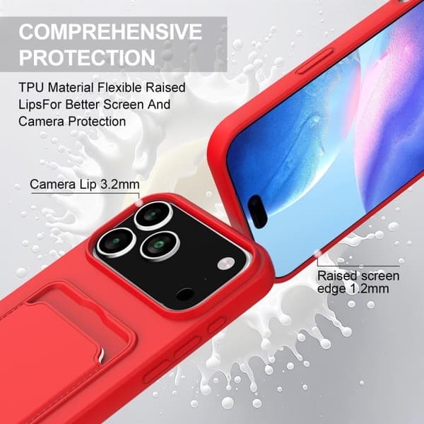 iPhone 18 Pro Max / iPhone 17 Pro Max Skal med Integrerad Kortväska - Solid Färg av Flytande Silikon med Kort Lanyard Röd