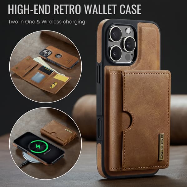 iPhone 16 Pro DG.MING M6 Series RFID Tri-fold Skal med Avtagbart Läder Fodral Brun