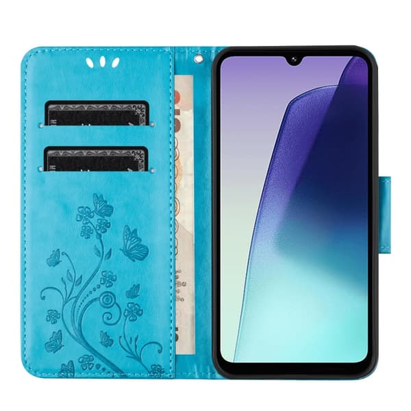 Redmi Note 14 Pro+ 5G - Flip Läderfodral med Fjäril Blommönster Blå