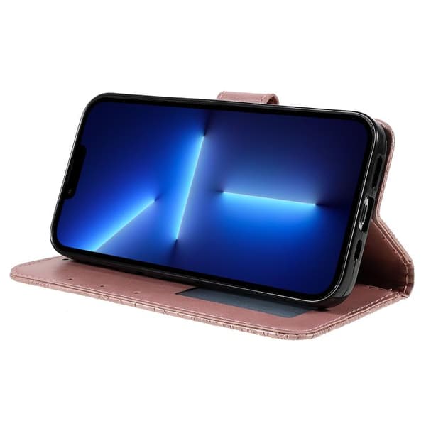 iPhone 18 Pro / iPhone 17 Pro Skal läderfodral med spetsblommor och präglad design Roséguld