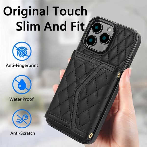 iPhone 16 Pro Max Skal med Splicing Rhombic Textur och Lång Lanyard Svart