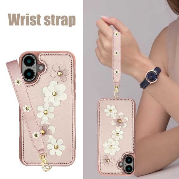 iPhone 17 Skal läderfodral med blommönster Roséguld