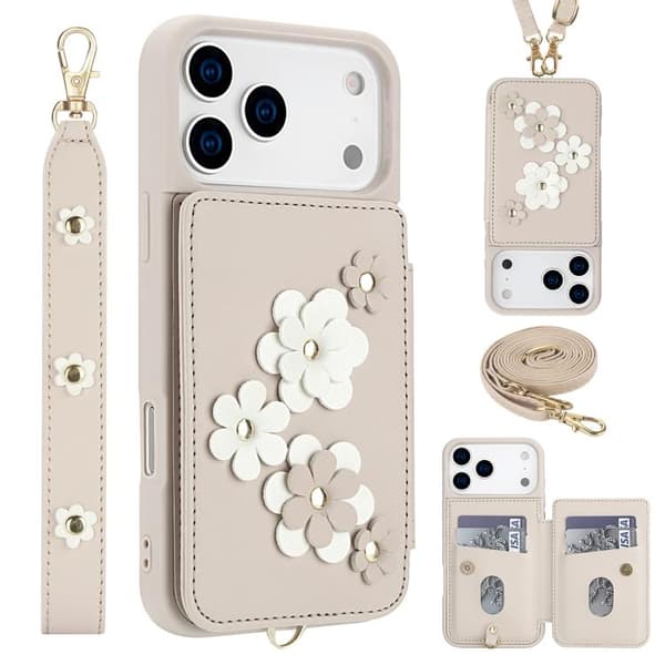 iPhone 17 Pro Max Skal läderfodral med blommönster Vit