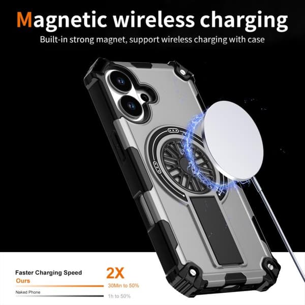iPhone 17 Shockproof Kickstand Metallic Shaft MagSafe Skal Silver
