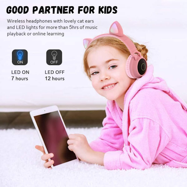 BT028C Söta Kattöron Bluetooth 5.0 Hörlurar Vikbara On-Ear Stereo Trådlöst Headset Hörlurar med Mikrofon / LED-ljus / FM-radio / TF-kort Grön
