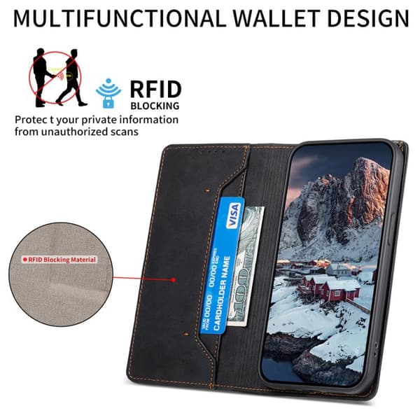 iPhone 18 Pro Max / iPhone 17 Pro Max Skal läderfodral - solid färg med magnetisk RFID Svart