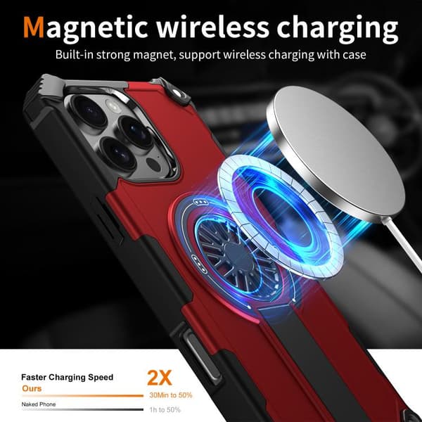 iPhone 16 Pro Max Shockproof Kickstand Metallic Shaft MagSafe Skal Röd