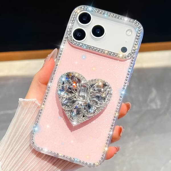 iPhone 18 Pro Max / iPhone 17 Pro Max Skal med Diamant Glittrande Sten Hjärtformat Hållare Ljusrosa