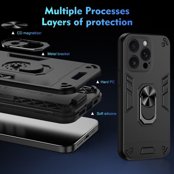 iPhone 16 Pro Shockproof Metallringhållare Skal Svart