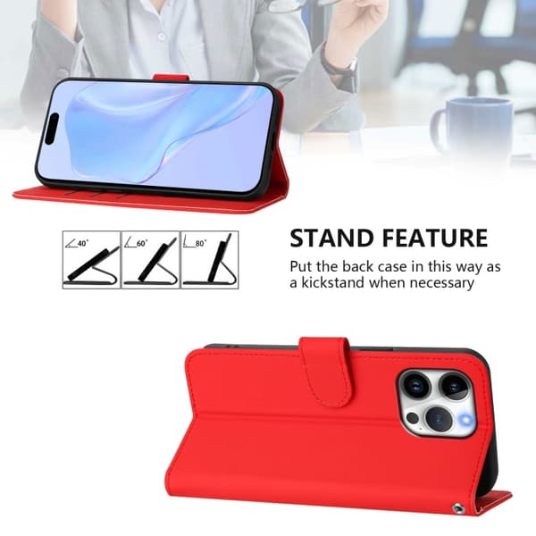 iPhone 16 Pro Max Skal Solid Färg med Lanyard - Läderfodral Röd