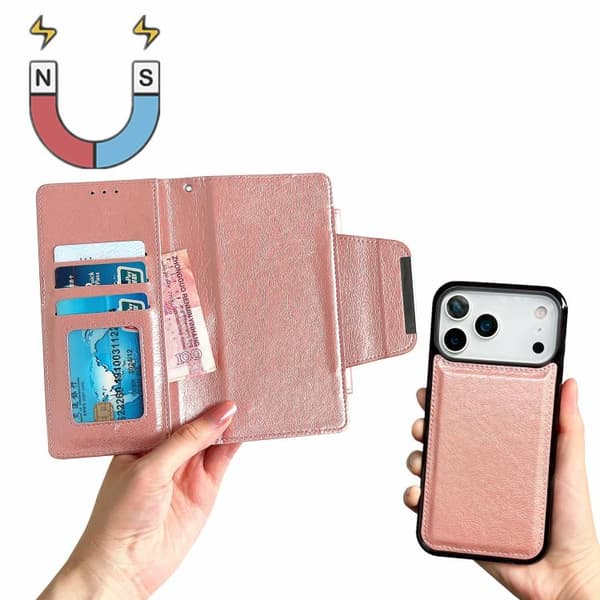 iPhone 18 Pro Max / iPhone 17 Pro Max Skal Läderfodral med Multifunktionell 7-Korts Fack Roséguld
