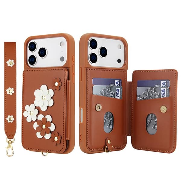 iPhone 18 Pro Max / iPhone 17 Pro Max Skal läderfodral med blommönster Brun