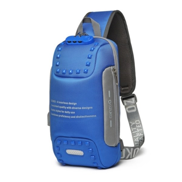Ozuko 9283 Herr Utomhus Anti-stöld Bröstväska Nitar Messenger Bag med Extern USB-laddningsport Blå