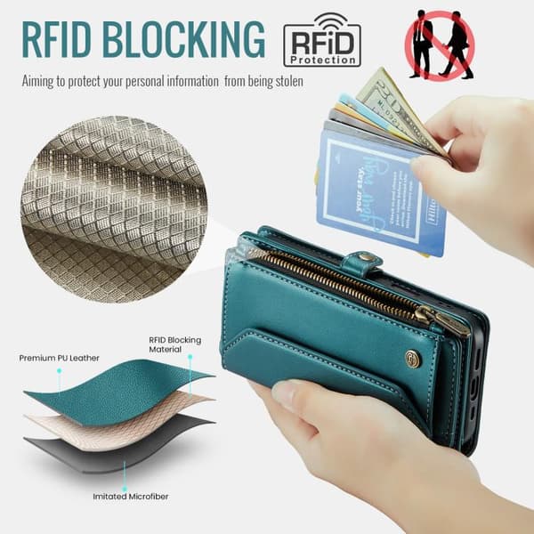 iPhone 18 Pro Max / iPhone 17 Pro Max Skal läderfodral med kortfack, dragkedja och RFID-skydd Blå