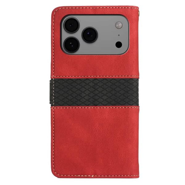 iPhone 17 Pro Skal läderfodral med lanyard - Grid Stitching Röd
