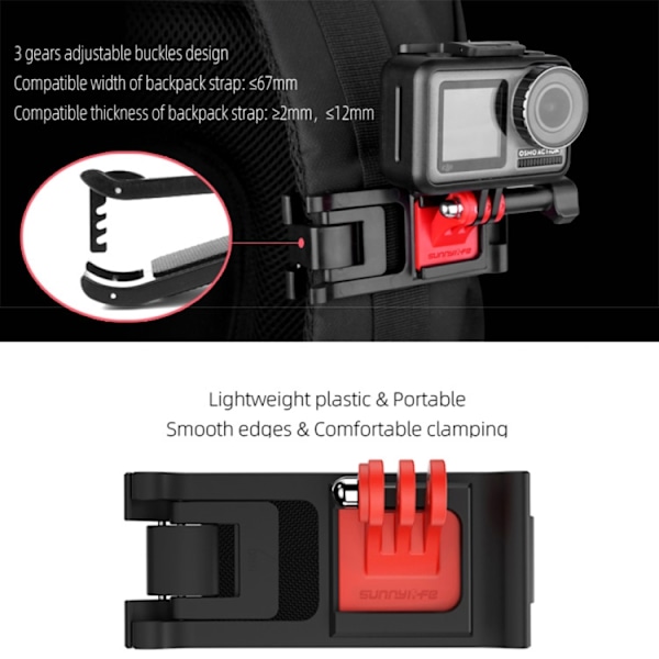 Sunnylife TY-Q9266 för Insta360 GO / DJI Osmo Action / GoPro Mount Bracket Stabilizer Ryggsäck Clip med skruv